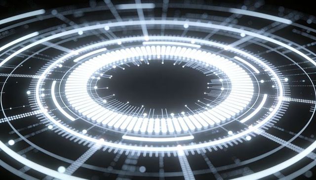 Futuristic Rotating Holographic HUD Ring with Luminous Data Bars and Central Aperture