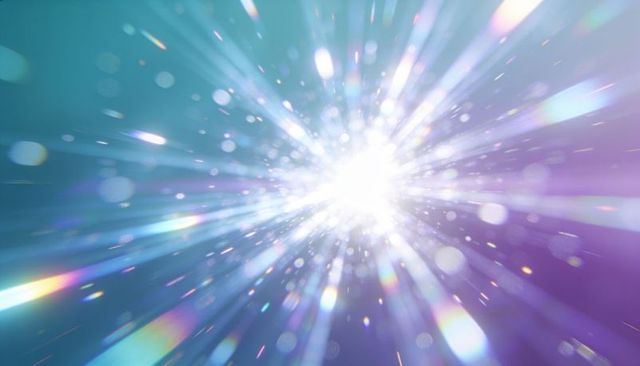 Radiating white light burst with prism flares and bokeh particles teal purple gradient