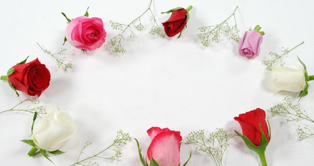 A variety of colorful roses arranged in a circular pattern on a white background, with copy space. The arrangement of red, pink, and white roses with baby's breath accents creates a romantic and festive atmosphere.