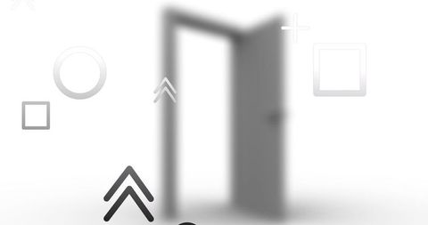 Abstract floating shapes over blurred open doorway
