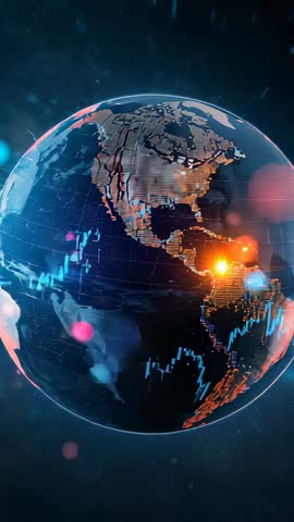 Rotating Data Globe Vertical Video Showing Real-Time Hotspot with Neon Graph Overlays