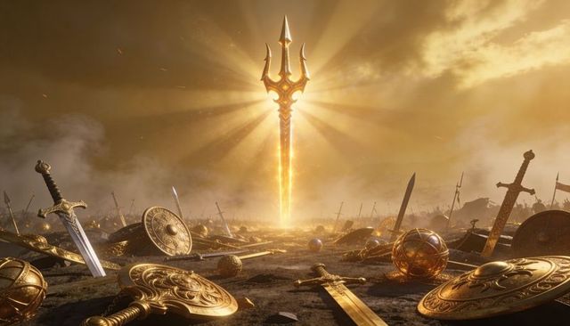 Golden trident rising from scorched battlefield radiating divine light, swords and shields