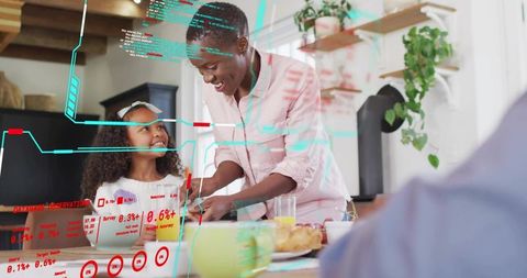 Mother serving breakfast while child smiling at kitchen table with digital HUD overlay