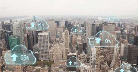 Digital Cloud Interface Overlay on Urban Cityscape