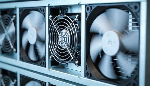 High-speed axial cooling fans spinning in industrial equipment rack with protective grille