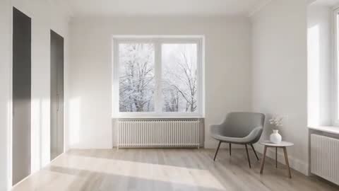 Sunlight shifting across minimalist Scandinavian living room with gray armchair and side table
