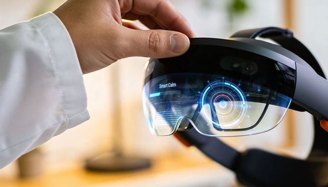 Hand adjusting ar headset visor showing holographic smart calm hud and futuristic ui