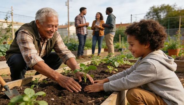 Multigenerational Urban Community Gardening Senior Teaching Child Planting Seedling Outdoors