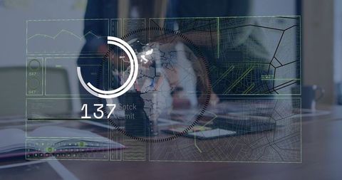Two businesswomen collaborating at meeting table with augmented reality dashboards