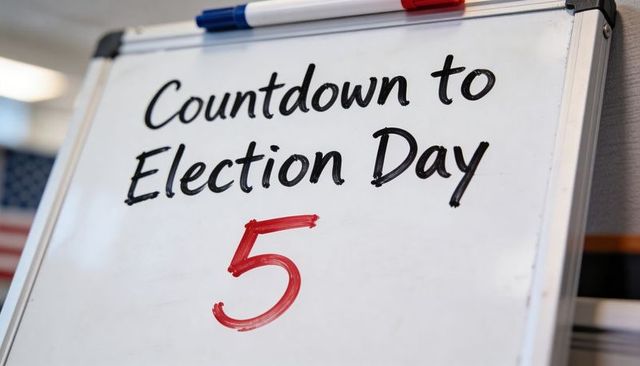 Countdown to election day whiteboard with bold red 5 marker signaling campaign final days