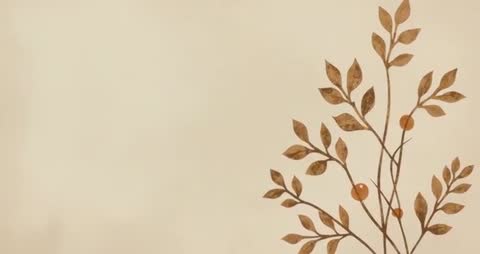 Decorative Brown Leafy Branch on Cream Background, Minimalist Botanical Art