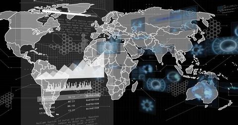Global digital dashboard displaying world map, analytics overlays, charts and hud elements