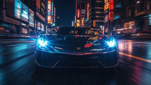 Racing black supercar cutting through neon-lit downtown at night with blue led headlights