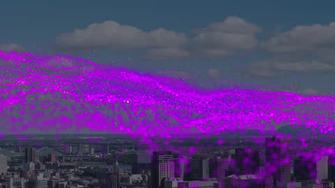 Dynamic Blue Particles Flow Over Vibrant Cityscape