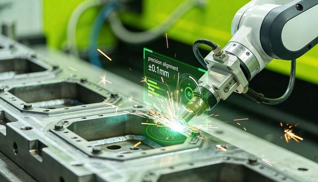 Robotic Welding Arm Performing Precision Welding with AR Alignment Overlay and Sparks Workshop