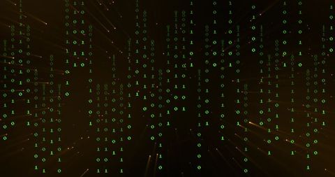 Glowing Binary Rain Cascading Through Neon Data Grid with Amber Sparks