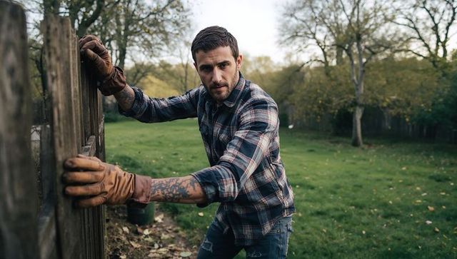 Handyman gripping wooden fence post wearing plaid shirt and leather gloves restoring fence