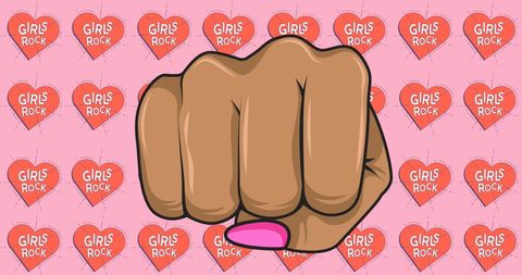 Feminist fist empowerment graphic with girls rock text