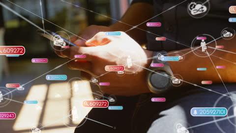 Connected World: Hands Using Smartphone with Digital Network