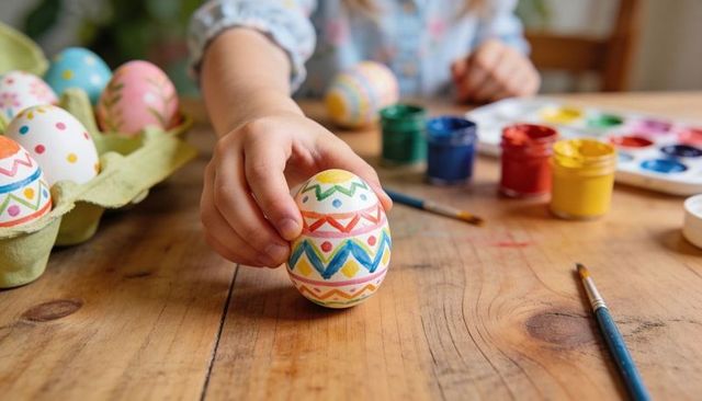 Child painting vibrant easter egg with watercolor paints on rustic wooden table, close-up