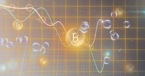Digital illustration of bitcoin cryptocurrency with charts and bubbles