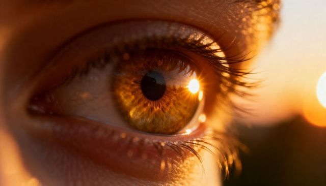 Sunlit amber iris macro close-up with catchlight, lash detail and golden bokeh reflections