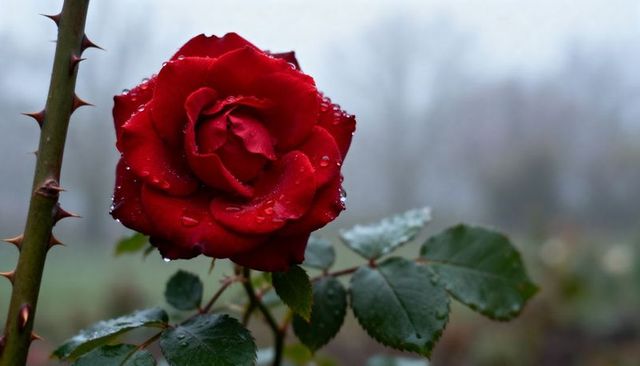 Red rose blooming with dew drops on thorny stem macro garden closeup