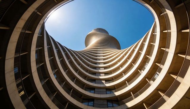 Spiraling concrete balcony tower framing clear blue sky in open courtyard