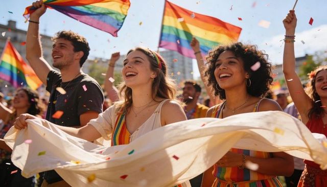Friends celebrating pride parade waving rainbow flags and holding banner amid confetti