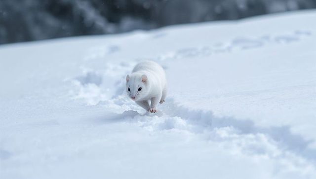 White stoat walking across powder snow leaving delicate footprints through winter forest