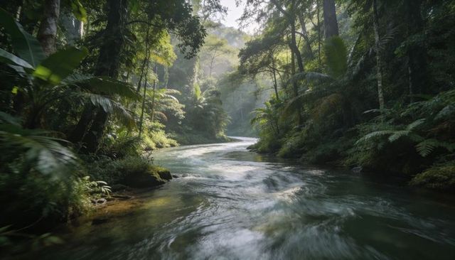 Sunbeams filtering over meandering rainforest stream with lush ferns moss-covered rocks