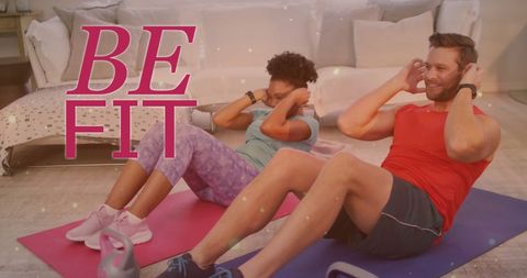 Diverse Couple Practicing Sit-Ups in Home Workout