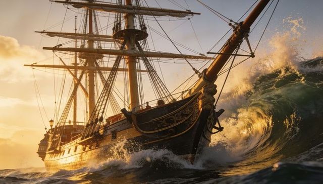 Gilded tall ship plowing through sunset seas with crashing waves and dramatic rigging