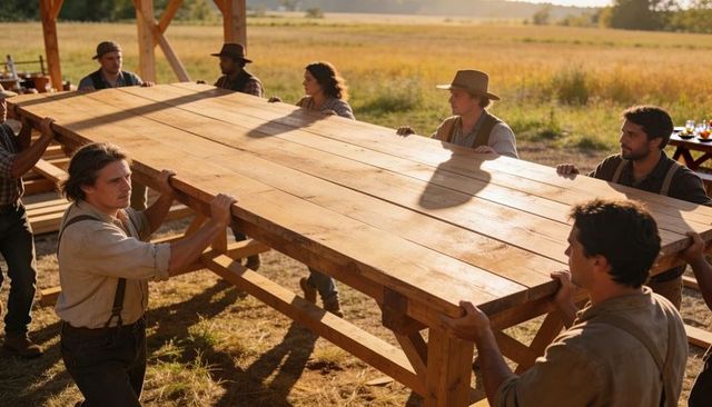 Lifting crew carrying long wooden banquet table at sunlit rural pavilion for farm feast