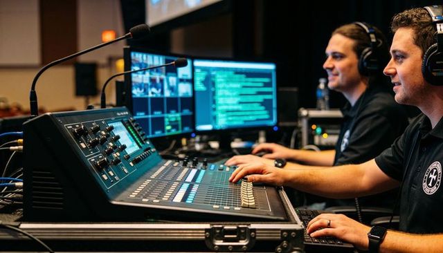 Live event audio engineers operating digital mixing console with multiview monitors