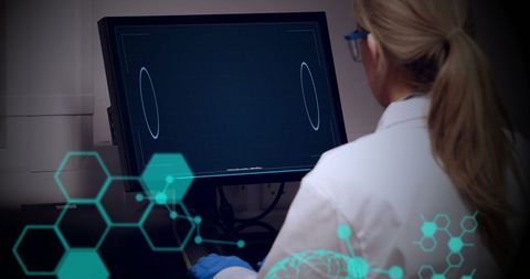 Female Scientist Analyzing Data on Computer with Digital Overlay - Download Free Stock Images Pikwizard.com