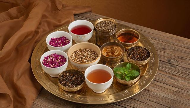 Displaying ornate brass tray with assorted brewed teas, rose petals and fresh mint