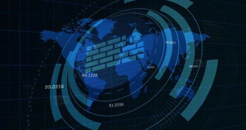 Monitoring Global Cybersecurity with Rotating HUD Rings, Firewall Barrier and Data Grid