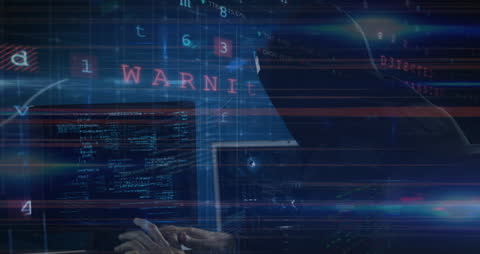 Shadowy Hacker with Data Flow and Warning Alert Screen
