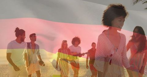 Friends Enjoying Sunset Beach Walk Together with Music and Fun