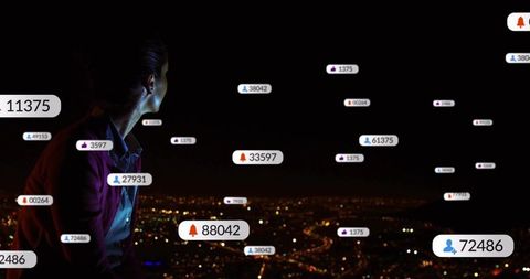 Standing woman overlooking skyline at night with floating social notifications and follower counts