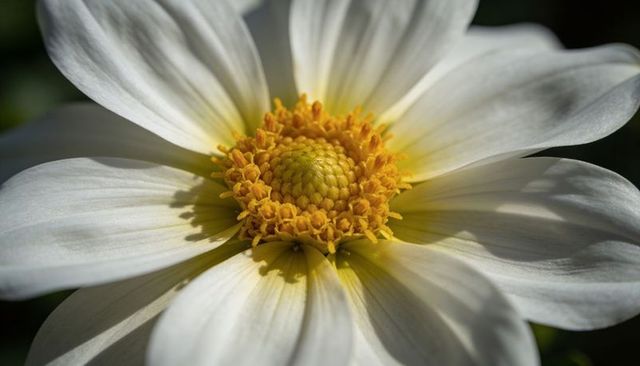 Closeup white daisy-like bloom revealing golden central disc and tubular florets