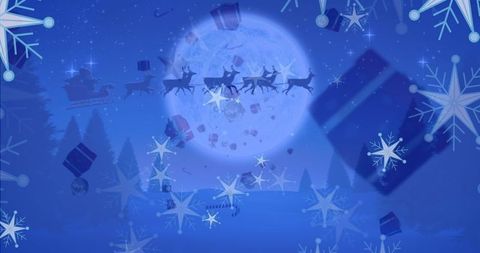 Santa Claus and Reindeer Sleigh in Moonlit Winter Sky