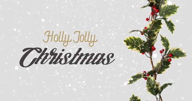 Decorative Christmas text 'Holly Jolly Christmas' displayed against a snowy backdrop with holly leaves and red berries adding to the holiday theme. Perfect for use in Christmas cards, festive invitations, holiday advertising, online greetings, social media posts, and seasonal decor.