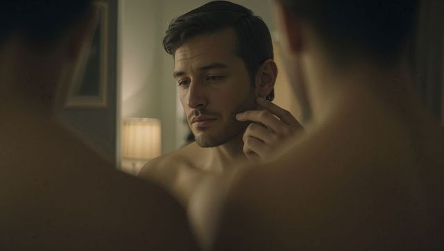 Young man grooming beard in bedroom mirror with warm lamp lighting, intimate contemplative