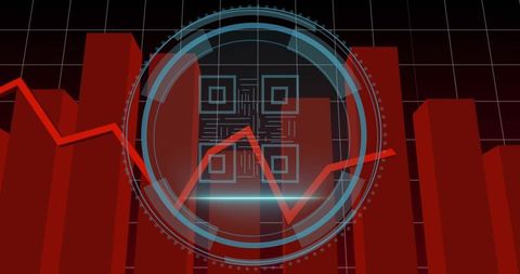 Futuristic data dashboard with cyan hud overlay and red 3d bar chart showing volatility