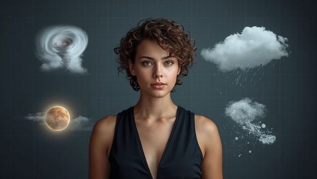 Young woman standing with weather elements tornado moon rain dust conceptual portrait
