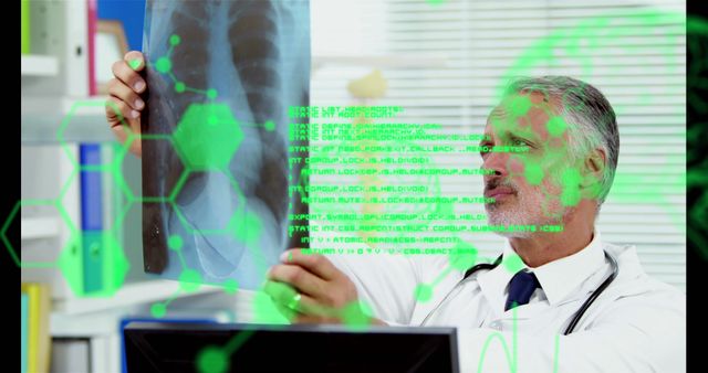 Image of scientific data processing over caucasian senior doctor with x ray photo. medicine, health, science and technology concept digitally generated image.