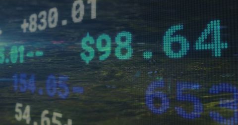 Teal digital stock ticker displaying $98.64 glowing dot-matrix numerals on market screen
