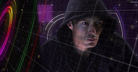 Hacker with Neon Graphics Representing Cybersecurity Threats - Download Free Stock Images Pikwizard.com